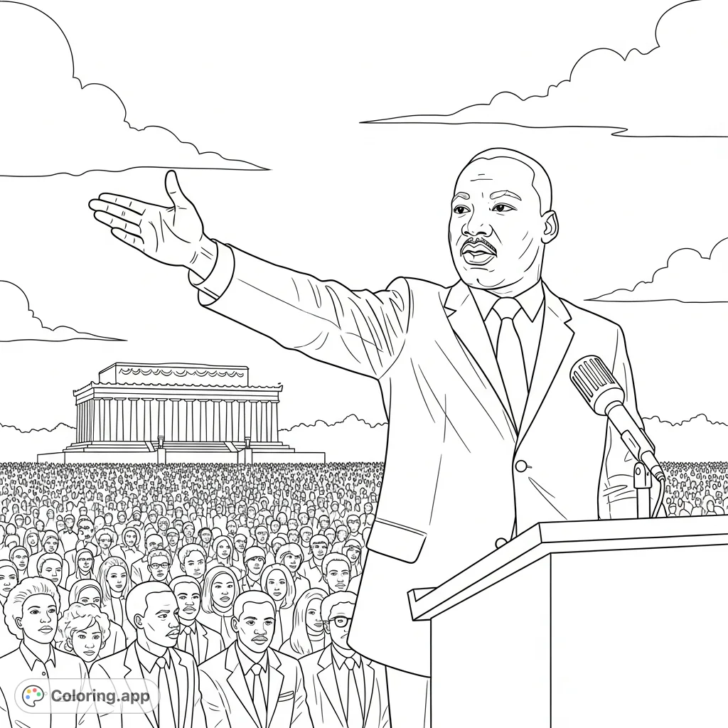 An inspiring Martin Luther King Jr. coloring page depicting him at a podium, delivering a powerful speech to a hopeful crowd before the iconic Lincoln Memorial.