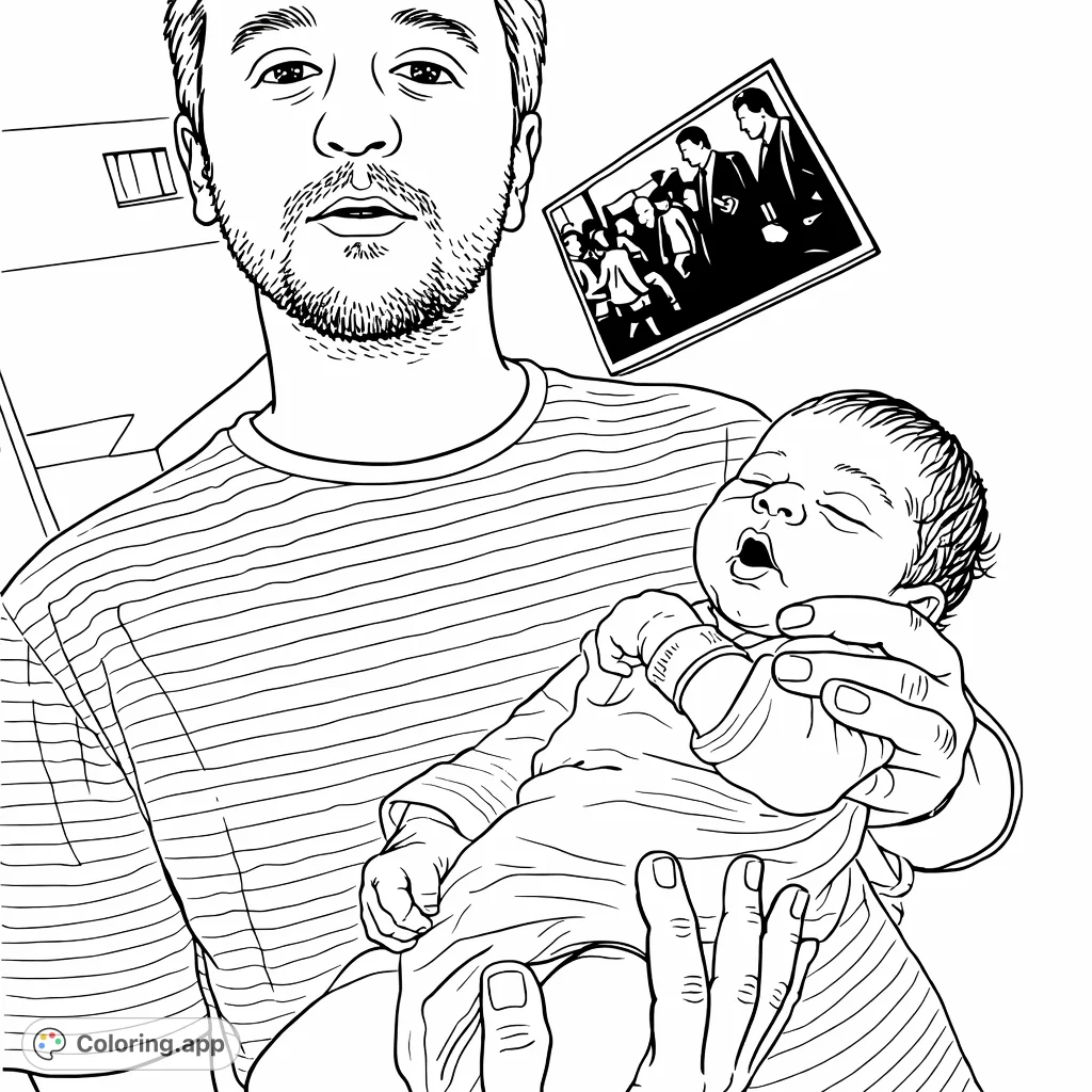 Capture a tender moment: a father holding his sleeping newborn. This family portrait coloring page celebrates new beginnings and paternal love.