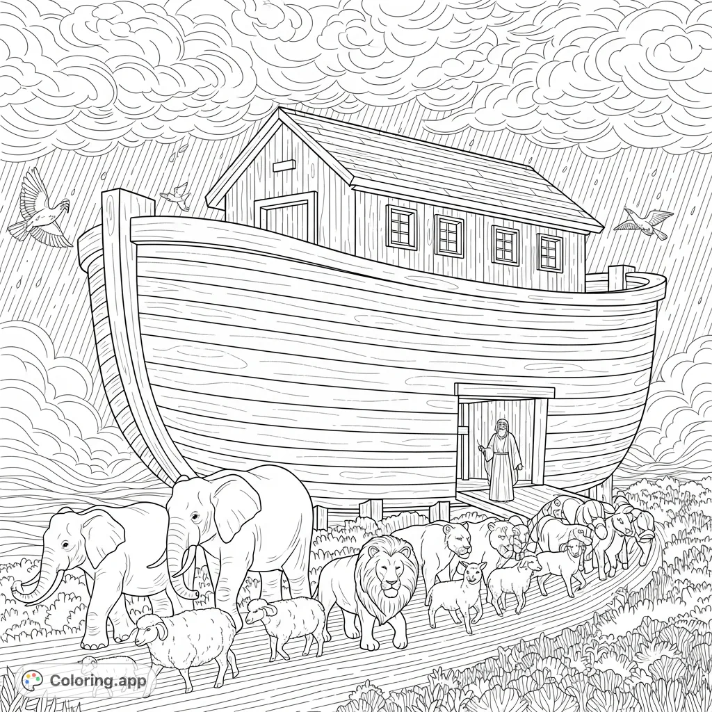 An imposing Noah's Ark coloring page depicting Noah overseeing an orderly procession of animal pairs, set against a backdrop of detailed clouds and textured ground.