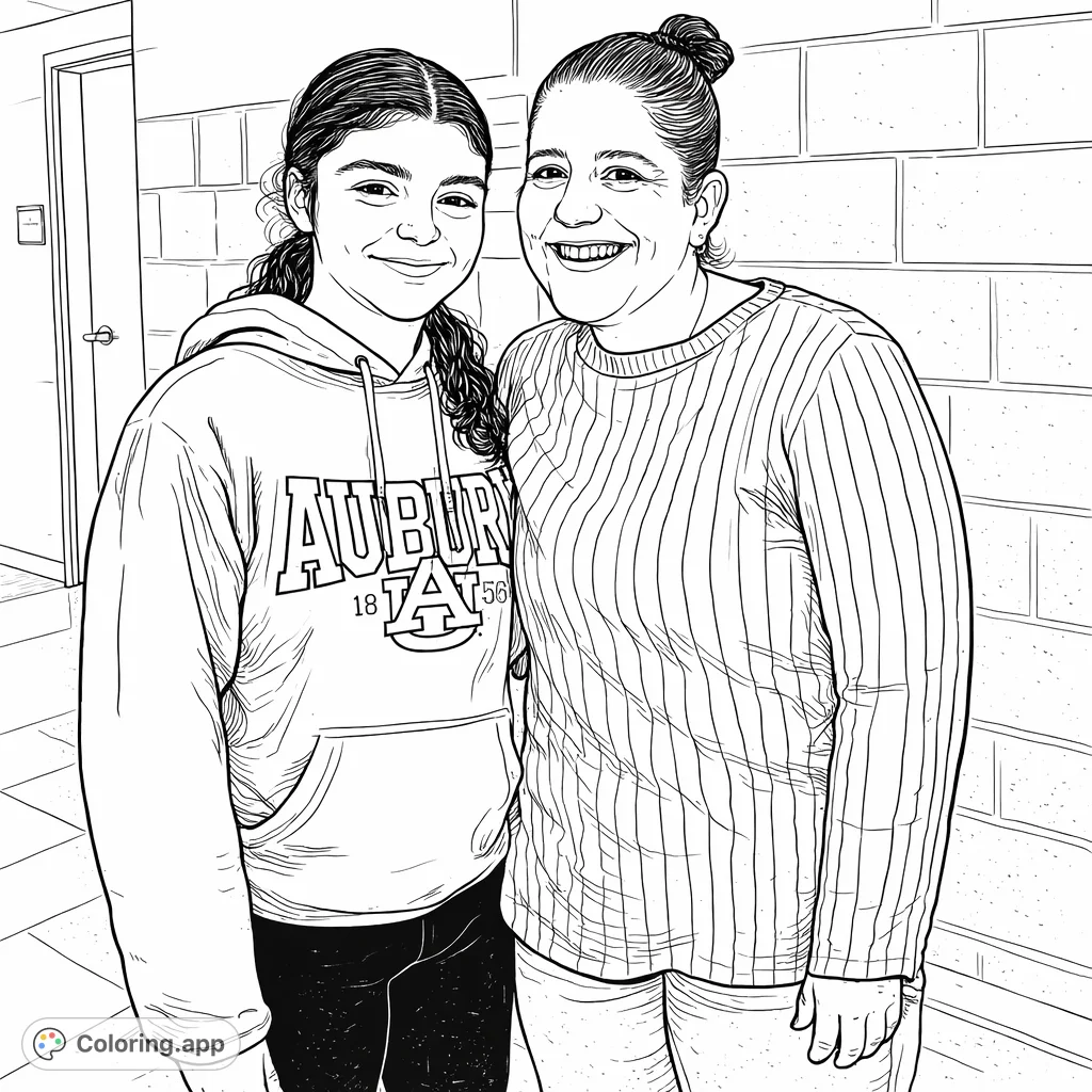 Capture everyday warmth with this realistic two-person portrait coloring page. Features smiling individuals and a detailed hallway background for a relatable scene.