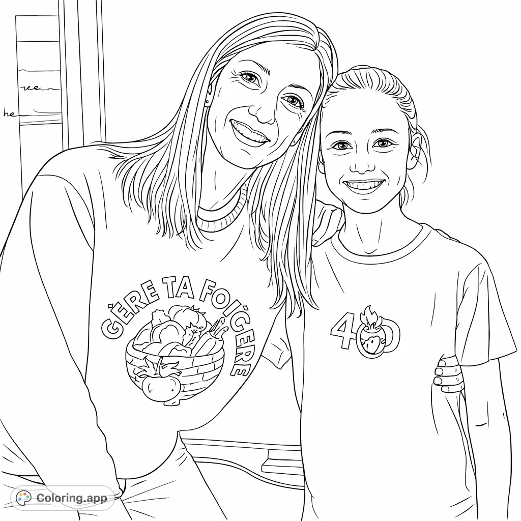 A heartwarming portrait of a smiling woman and girl, arm-in-arm, featuring unique shirt designs. Perfect for personalizing with your favorite patterns and shades.