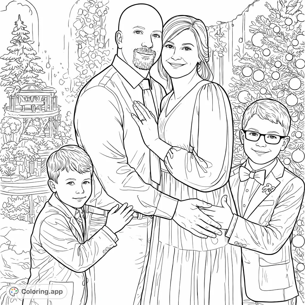 Capture a heartwarming family portrait with two adults and two children in festive attire, set against a whimsical holiday background with a decorated tree.