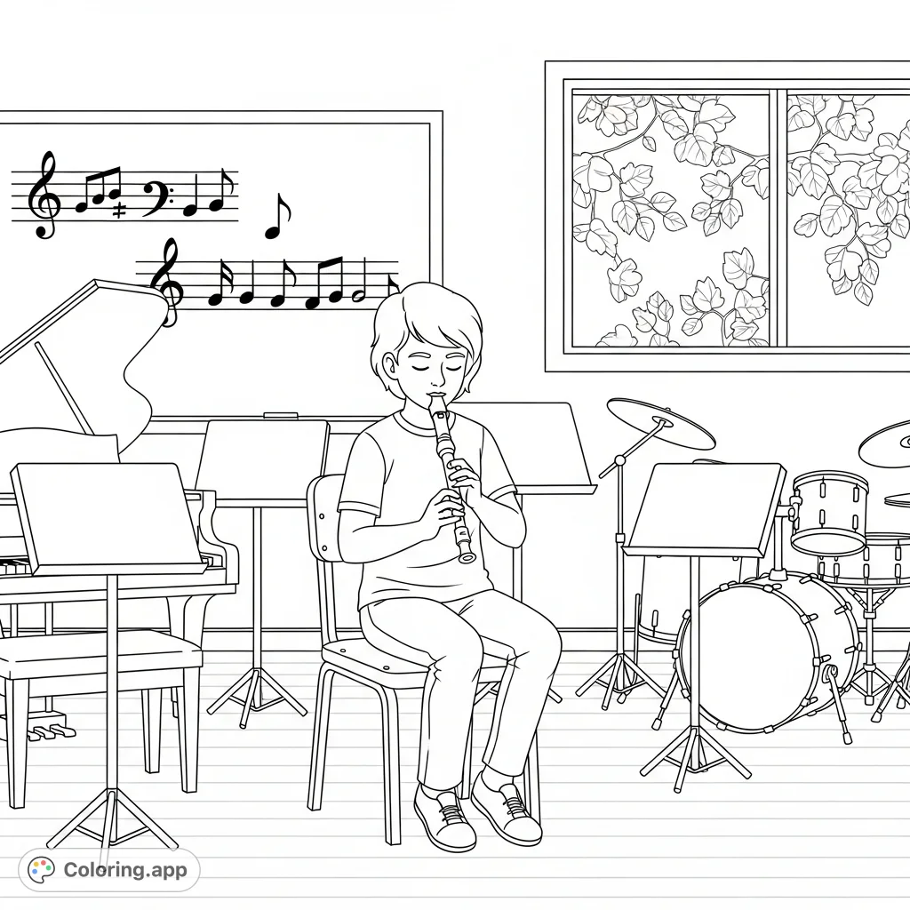 A focused young person plays the recorder in a detailed music classroom, surrounded by instruments and musical notes. Perfect for aspiring musicians!