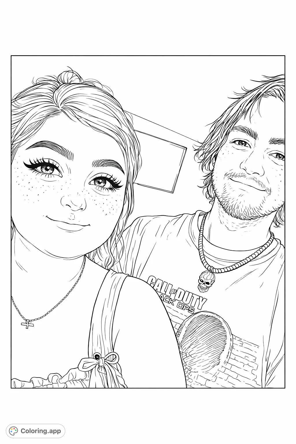 Capture a heartwarming moment between two individuals, with intricate details from facial expressions to accessories. A joyful scene perfect for creative expression.