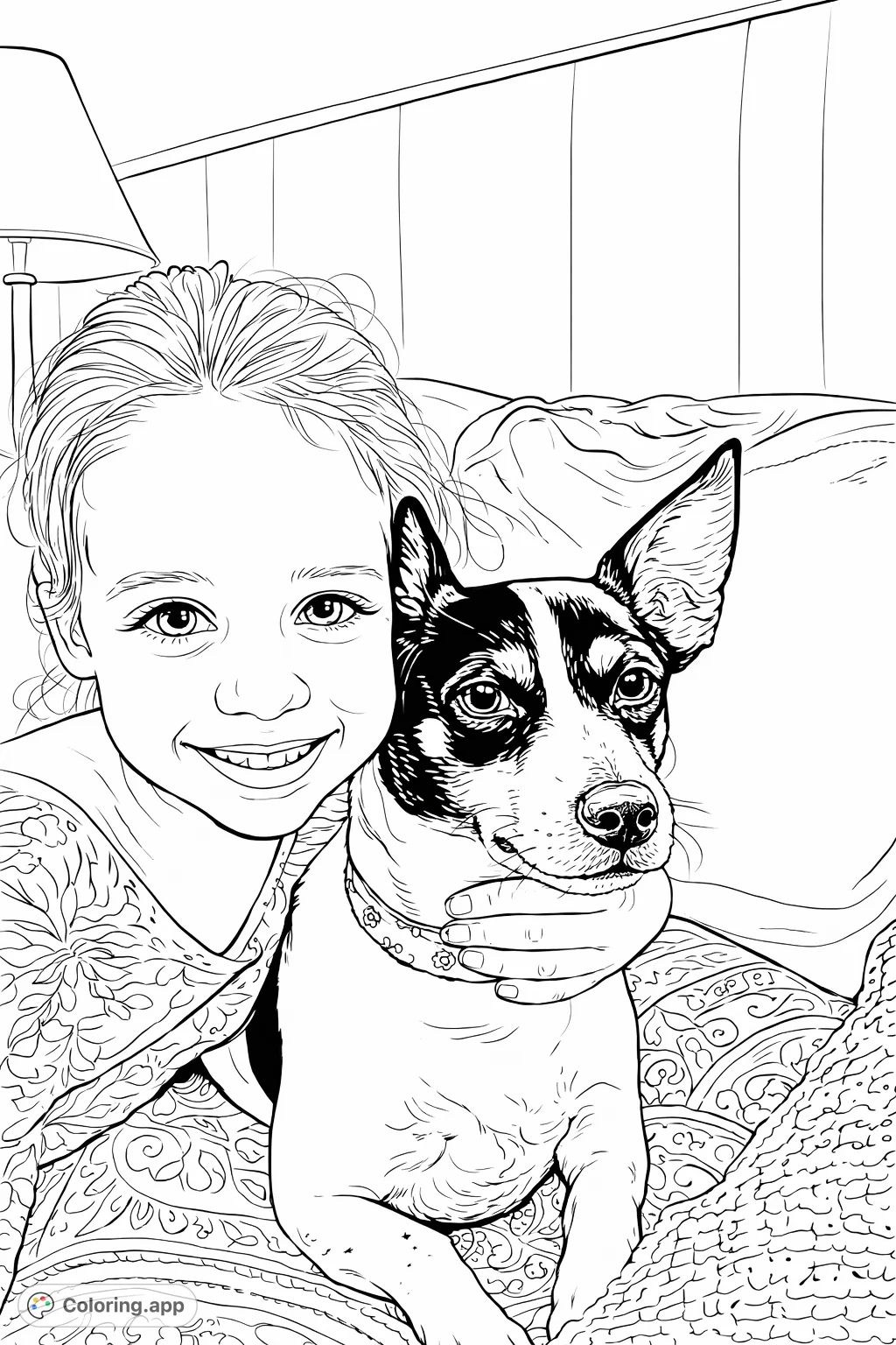 A heartwarming free printable coloring page featuring a smiling child and their beloved small dog, perfect for capturing tender moments and fostering creativity.