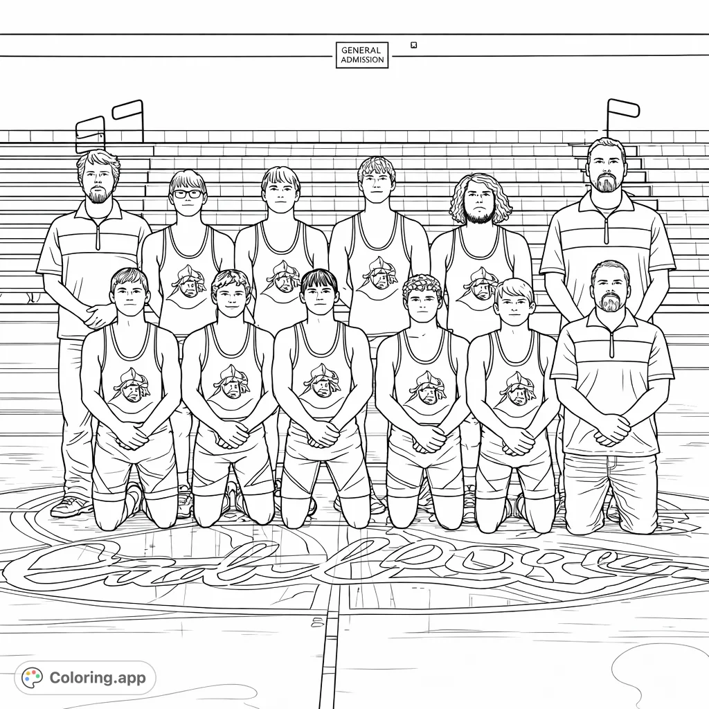 A detailed wrestling team portrait featuring athletes and coaches in a gymnasium, perfect for celebrating sportsmanship and team pride.
