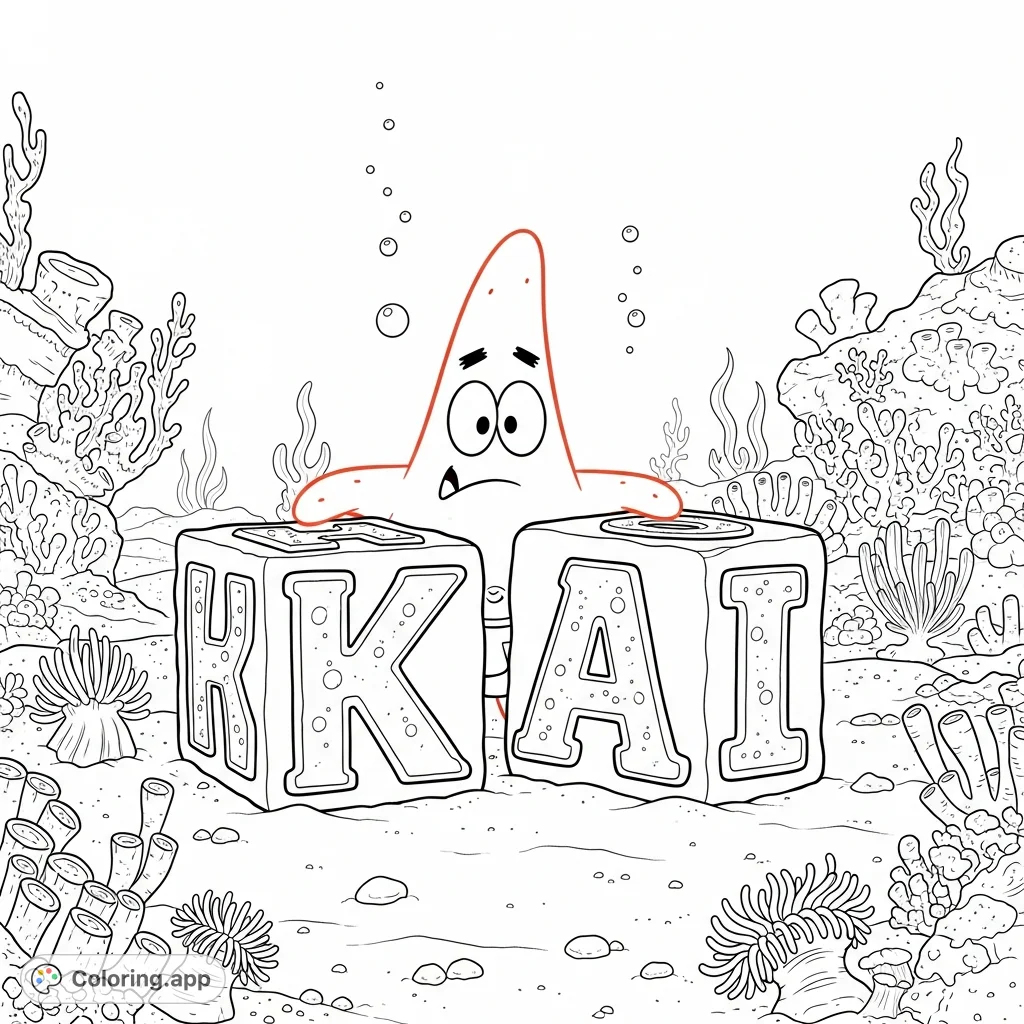 Join Patrick Star in an underwater adventure, peering over the name "Kai" in a fun Bikini Bottom setting. Perfect for fans of all ages!