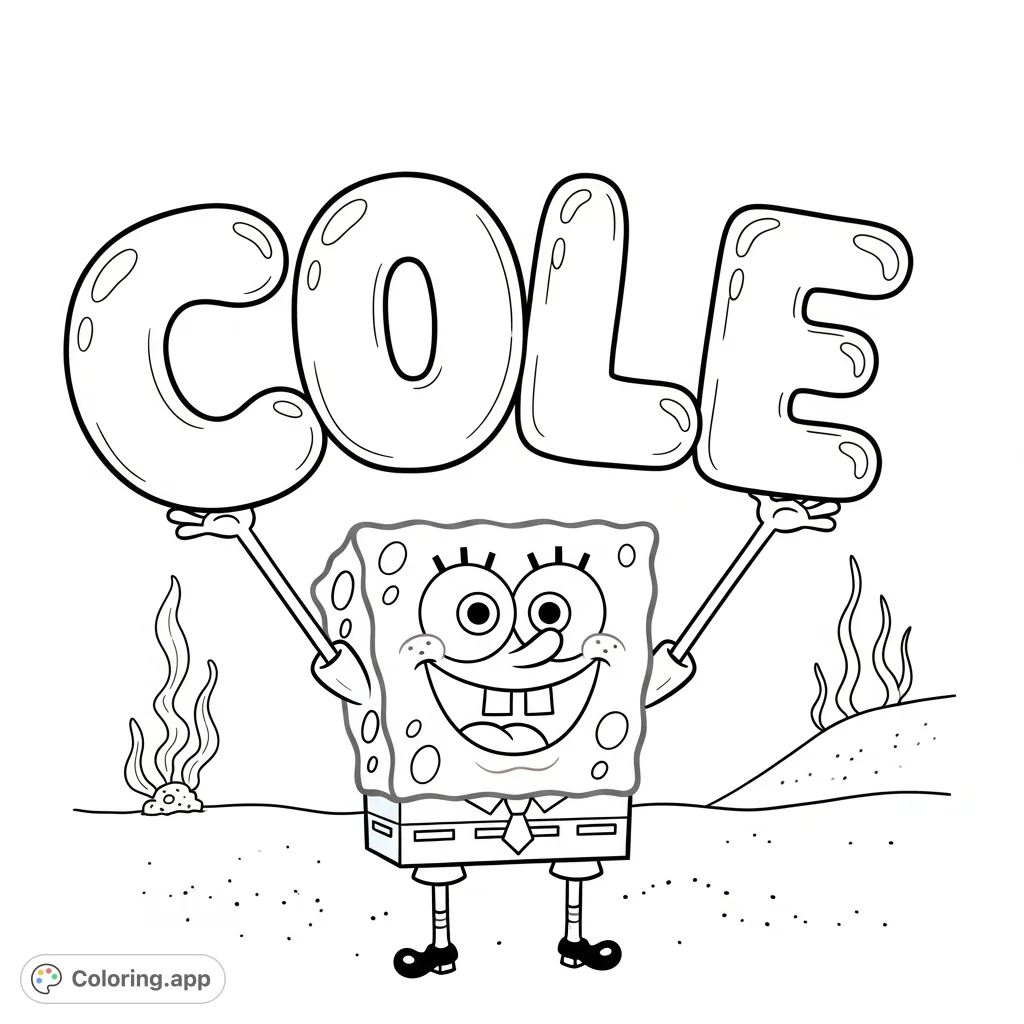 SpongeBob SquarePants proudly holds bubble letters spelling "Cole" in this fun, free printable coloring page. Personalize this cheerful scene for a unique artistic creation.