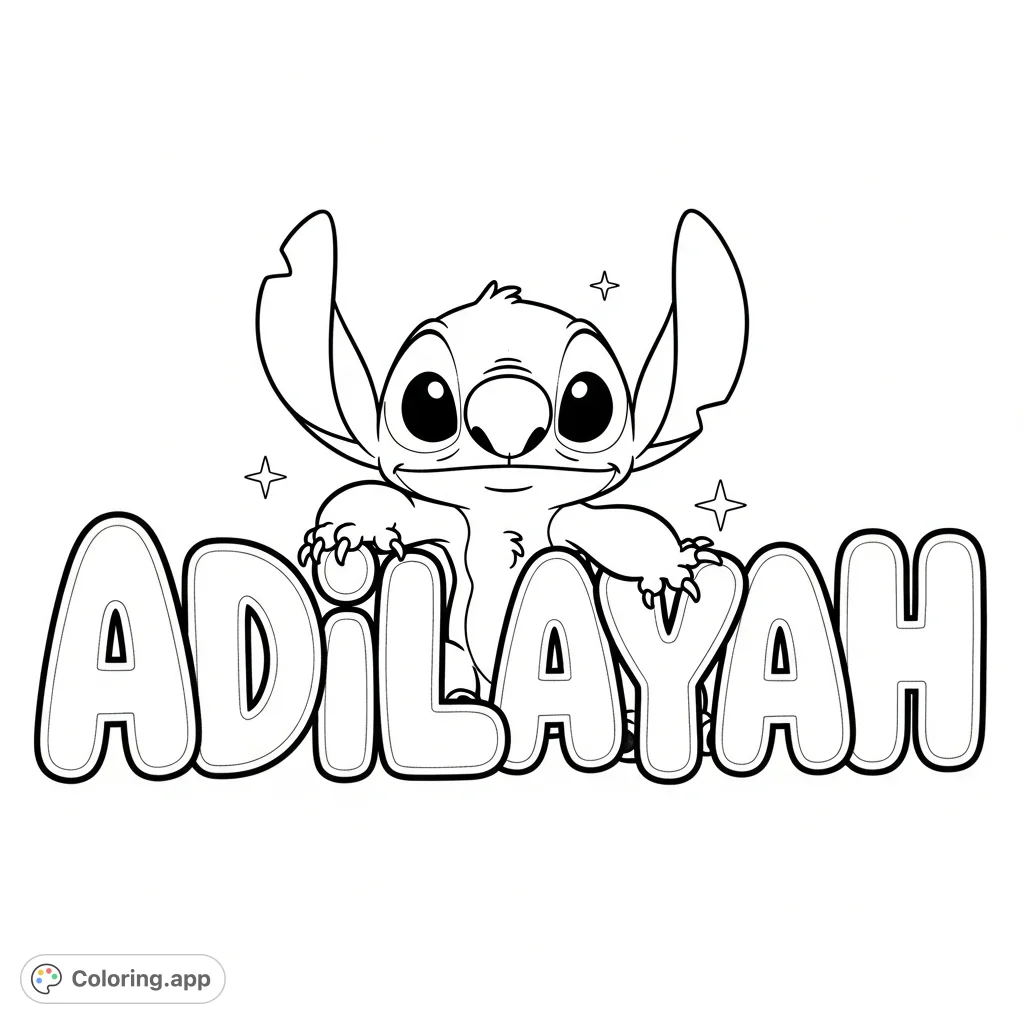 A delightful Stitch coloring page featuring the name 'Adilayah' in large, playful bubble letters, perfect for personalizing and bringing to life with vibrant imagination.
