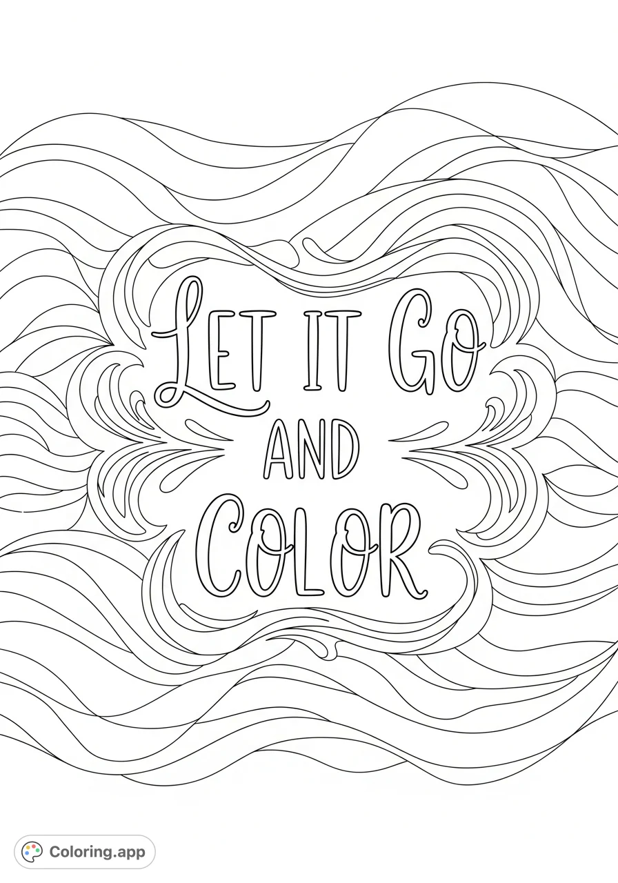 Find peace and unwind with this elegant mindfulness coloring page featuring the hand-lettered phrase "Let It Go and Color" amidst calming wave patterns.