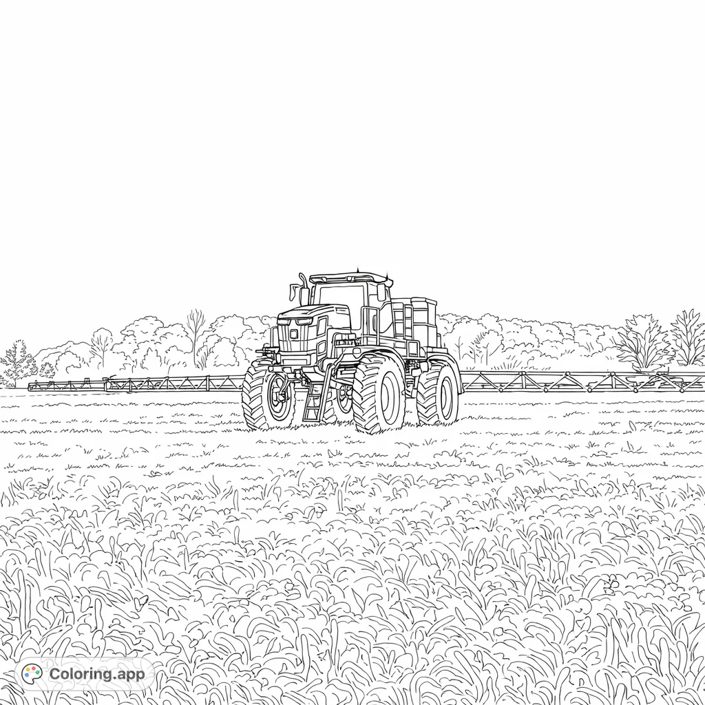 A powerful farm field sprayer stands ready amidst a vast field of crops, with distant trees and a clear sky, offering an engaging agricultural scene for coloring.
