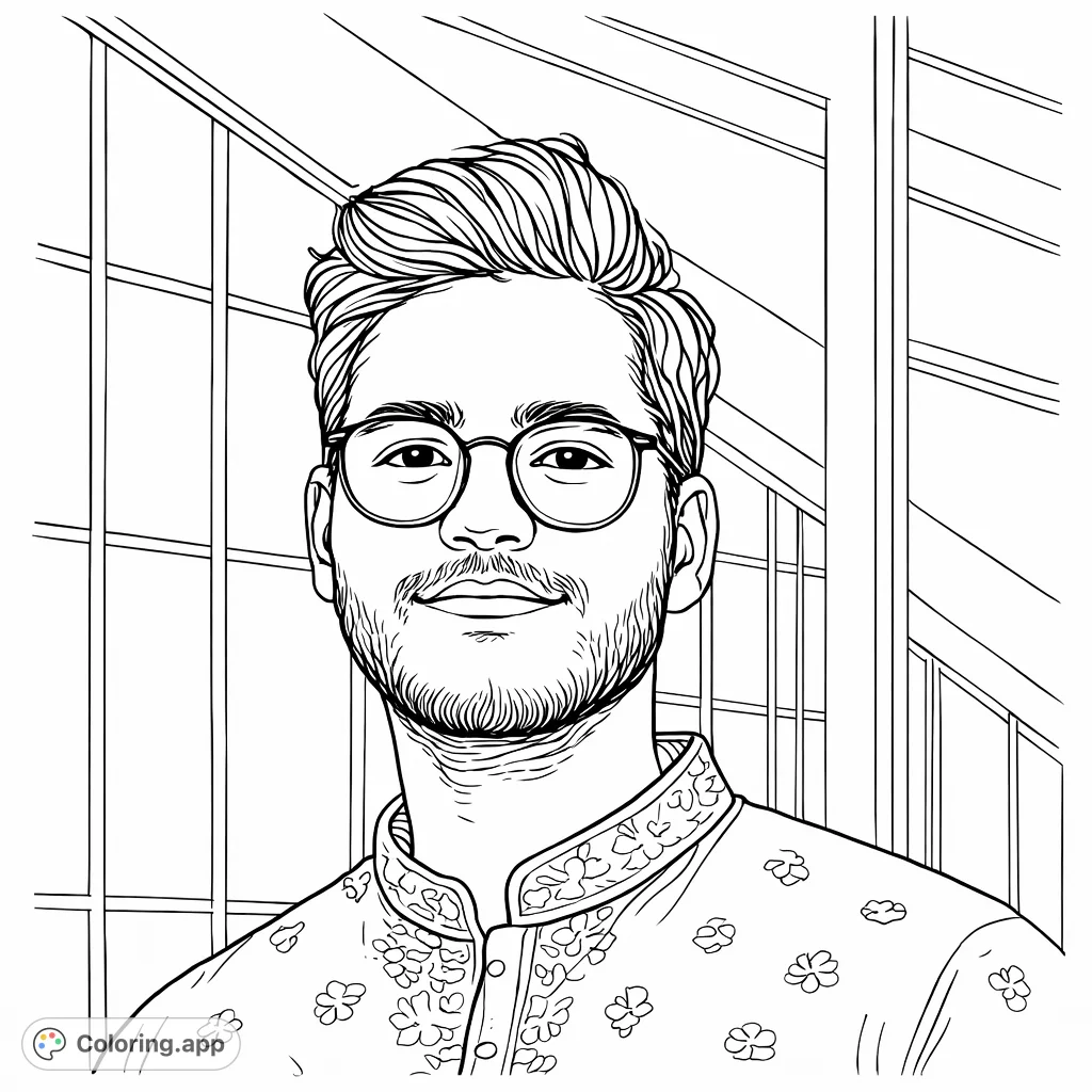 A sophisticated portrait of a man in patterned attire against a modern building backdrop. Perfect for advanced colorists seeking detailed urban themes.