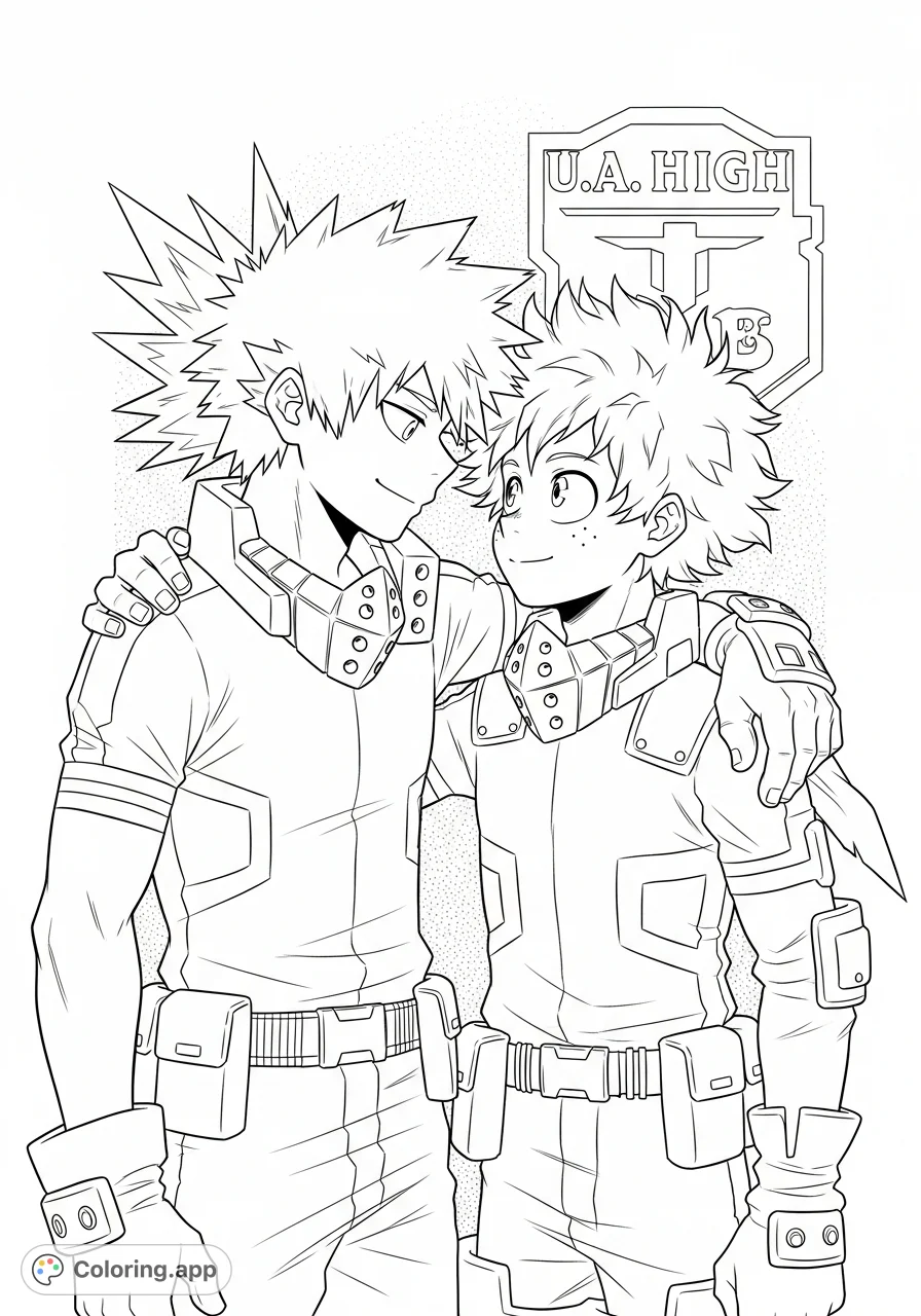 An intimate Bakugo and Deku (BKDK) MHA ship coloring page, depicting a tender moment between the iconic heroes in their detailed costumes.