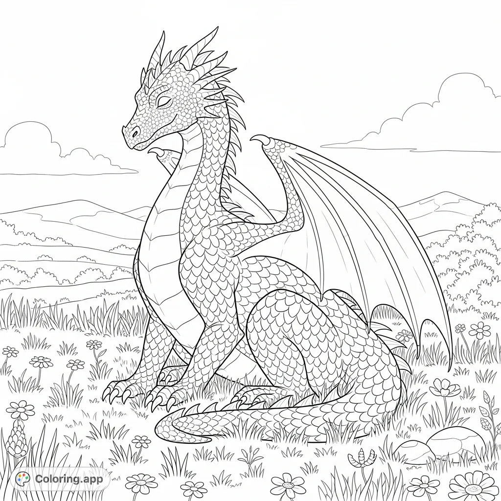 A majestic, peaceful dragon rests gracefully amidst a vibrant meadow, wings neatly folded. Perfect for fantasy enthusiasts and tranquil coloring moments.