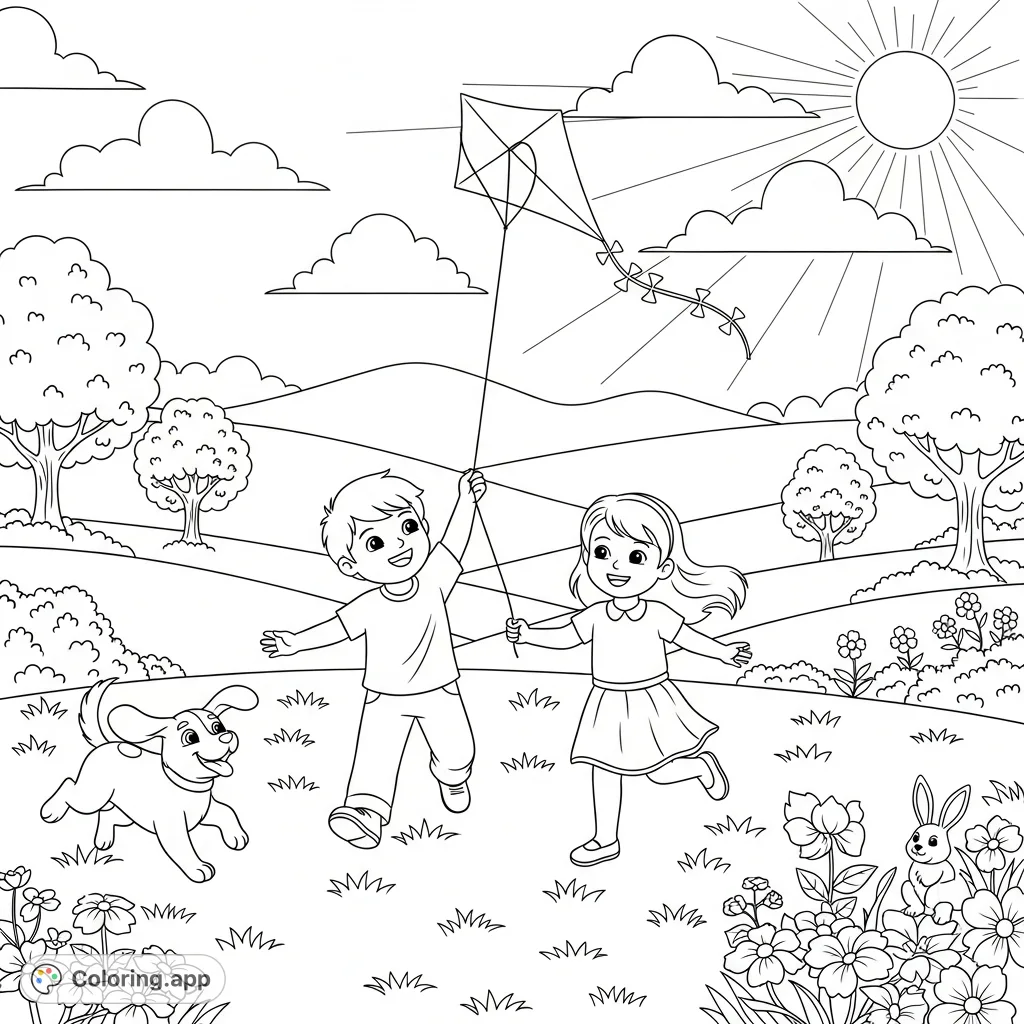 A delightful children's coloring page featuring two kids flying a kite with playful animals in a scenic grassy field, perfect for young imaginations.