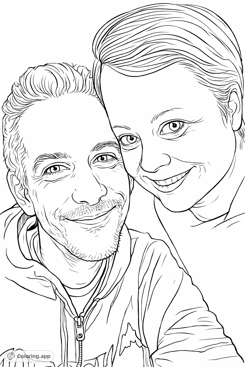Captures a warm, affectionate moment between two individuals in a close-up portrait. Perfect for a cozy coloring experience.