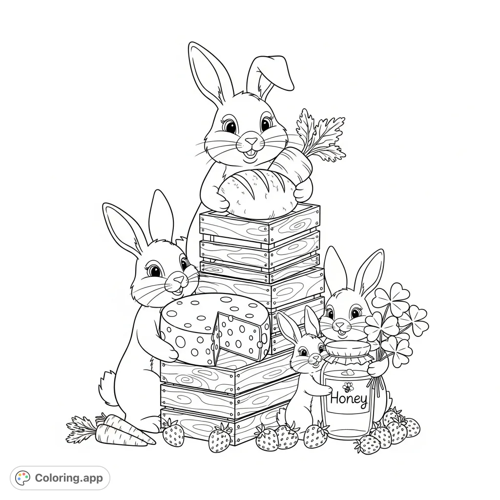 A charming rabbit family proudly displays their market treasures: a giant carrot loaf, swiss cheese, a honey jar, and clover, all atop rustic crates with spilled produce.