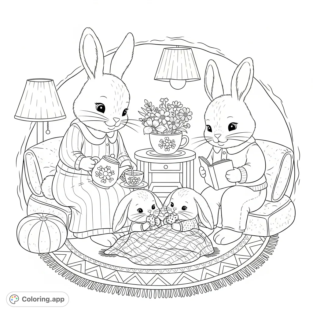 A heartwarming scene of a fluffy rabbit family enjoying tea and a book in their cozy burrow living room, perfect for gentle coloring fun.