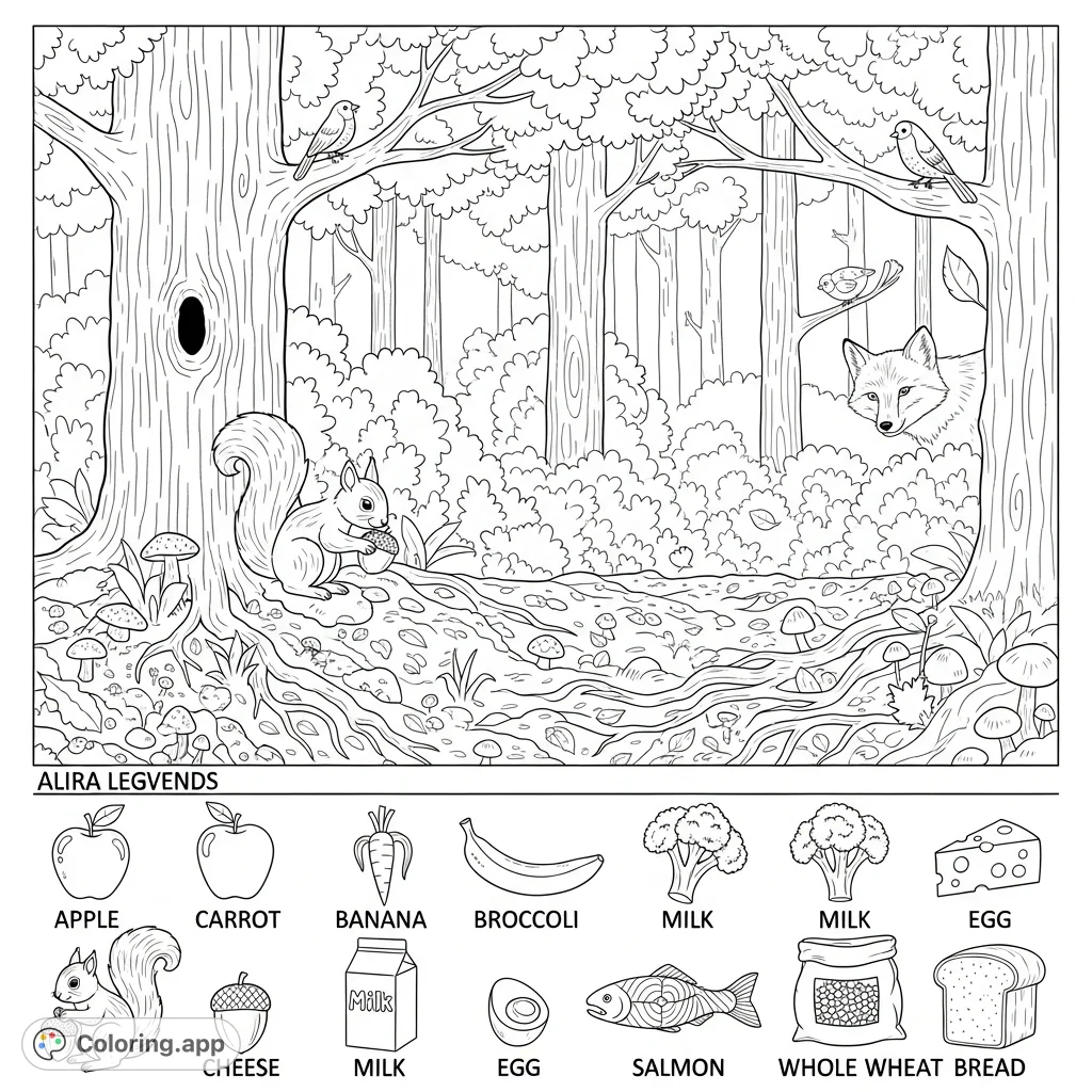 Discover hidden nutritious foods in a charming woodland scene. A fun "I spy" challenge for kids, perfect for promoting healthy eating habits.