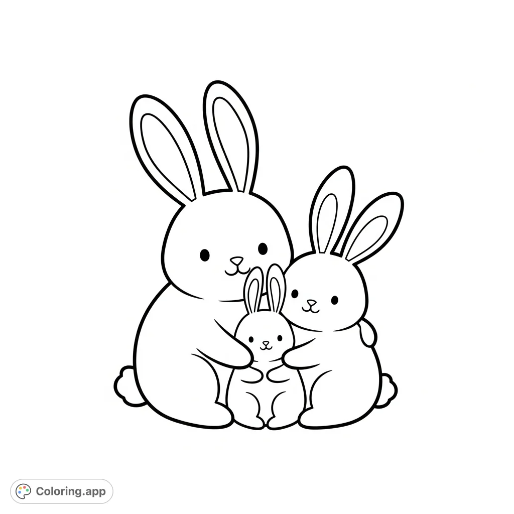 An adorable coloring page featuring a big, medium, and small bunny in a heartwarming hug. Simple shapes and sweet smiles, perfect for young colorists.