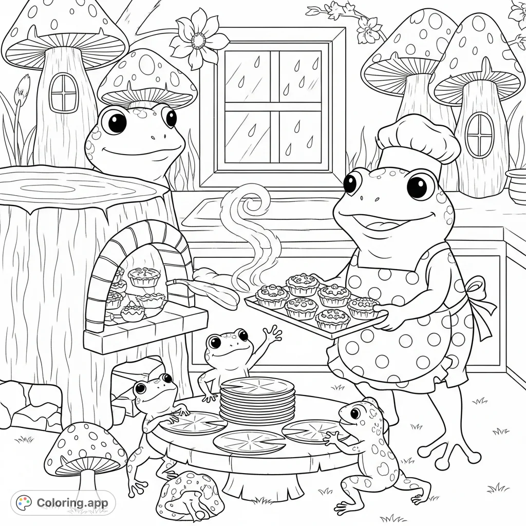 Join Mama Frog baking "fly pies" in her whimsical mushroom kitchen, with Papa Frog and froglets assisting. A delightful, free printable coloring page!