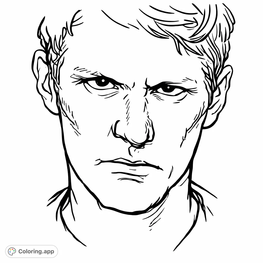 An evocative portrait featuring a subject with an intense gaze, offering a contemplative coloring experience for those who appreciate detailed facial studies.