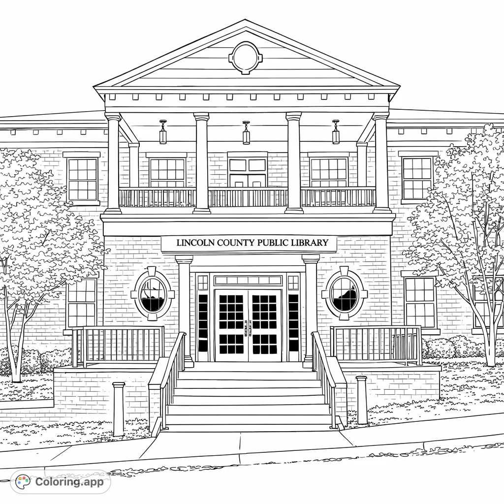An intricate coloring page featuring a stately public library building with detailed architecture, majestic columns, and surrounding autumn foliage. Perfect for architecture enthusiasts.