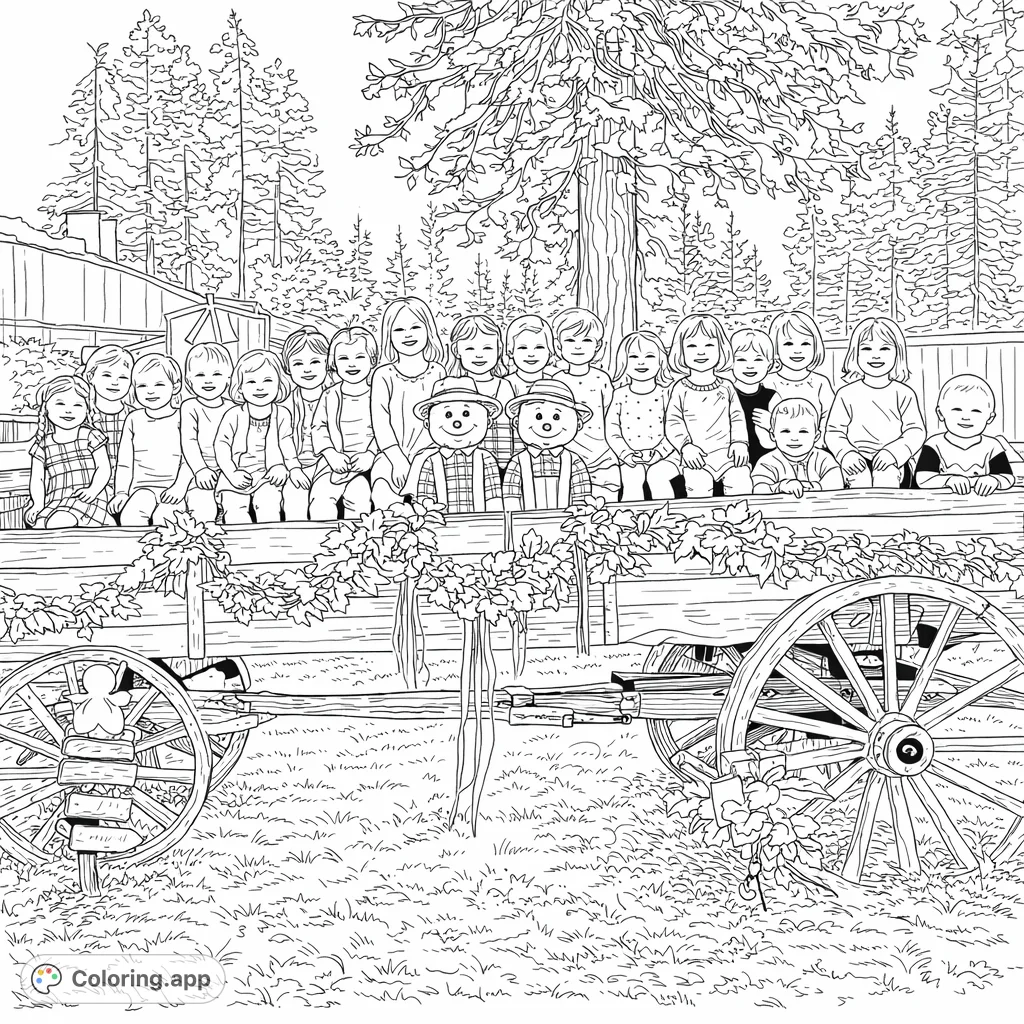 A delightful autumn scene featuring children and friendly scarecrows riding in a rustic wagon, surrounded by fall leaves and a natural setting.