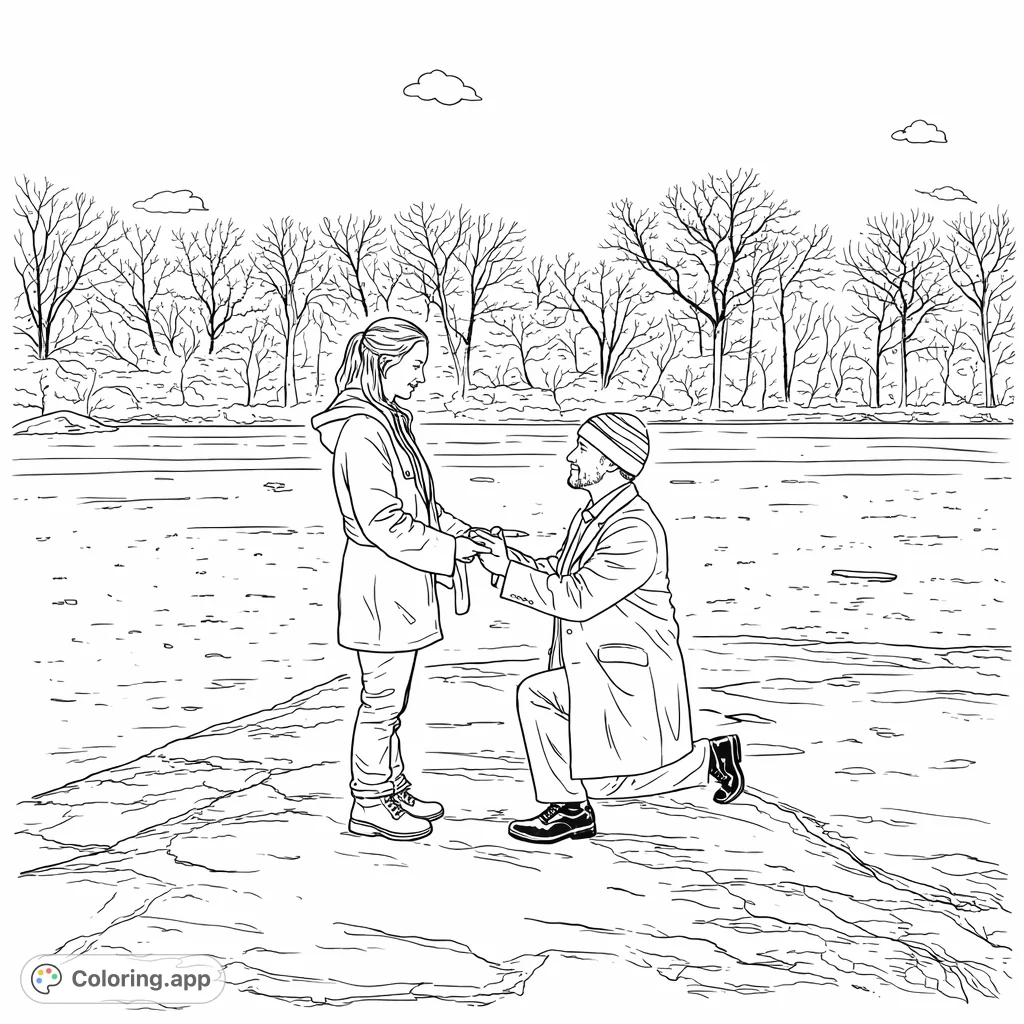 Capture a heartfelt winter proposal scene by a frozen lake with bare trees. A man kneels to a smiling woman on a large rock.