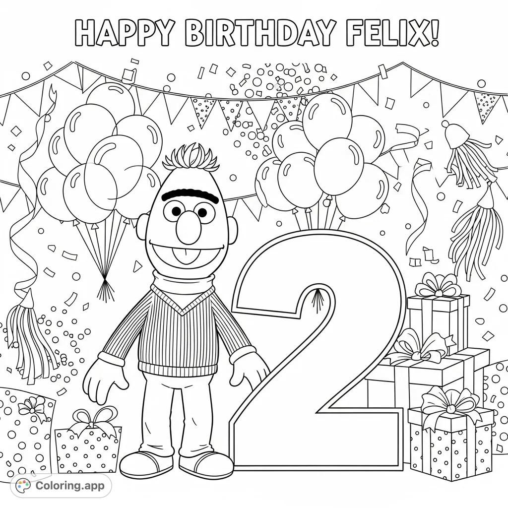 Join Bert from Sesame Street in a cheerful birthday celebration! This free printable coloring page features Bert, a prominent number two, and festive decor, perfect for coloring.