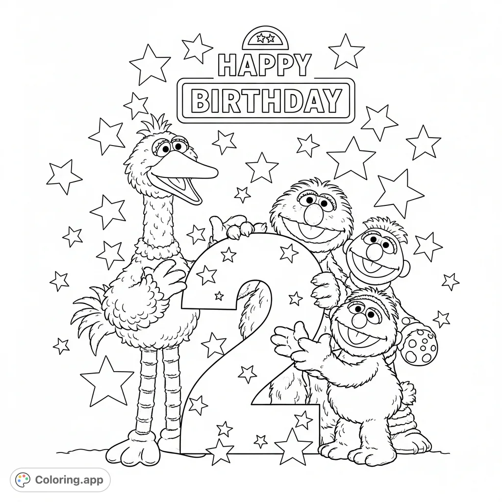 Celebrate with iconic Sesame Street characters around a big '2' and sparkling stars. Features 'Happy Birthday' text.