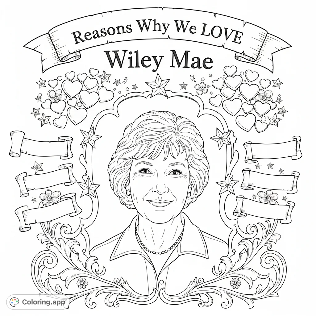 A delightful Wiley Mae coloring page, featuring a cheerful portrait surrounded by hearts and stars. A free printable coloring page perfect for expressing affection.