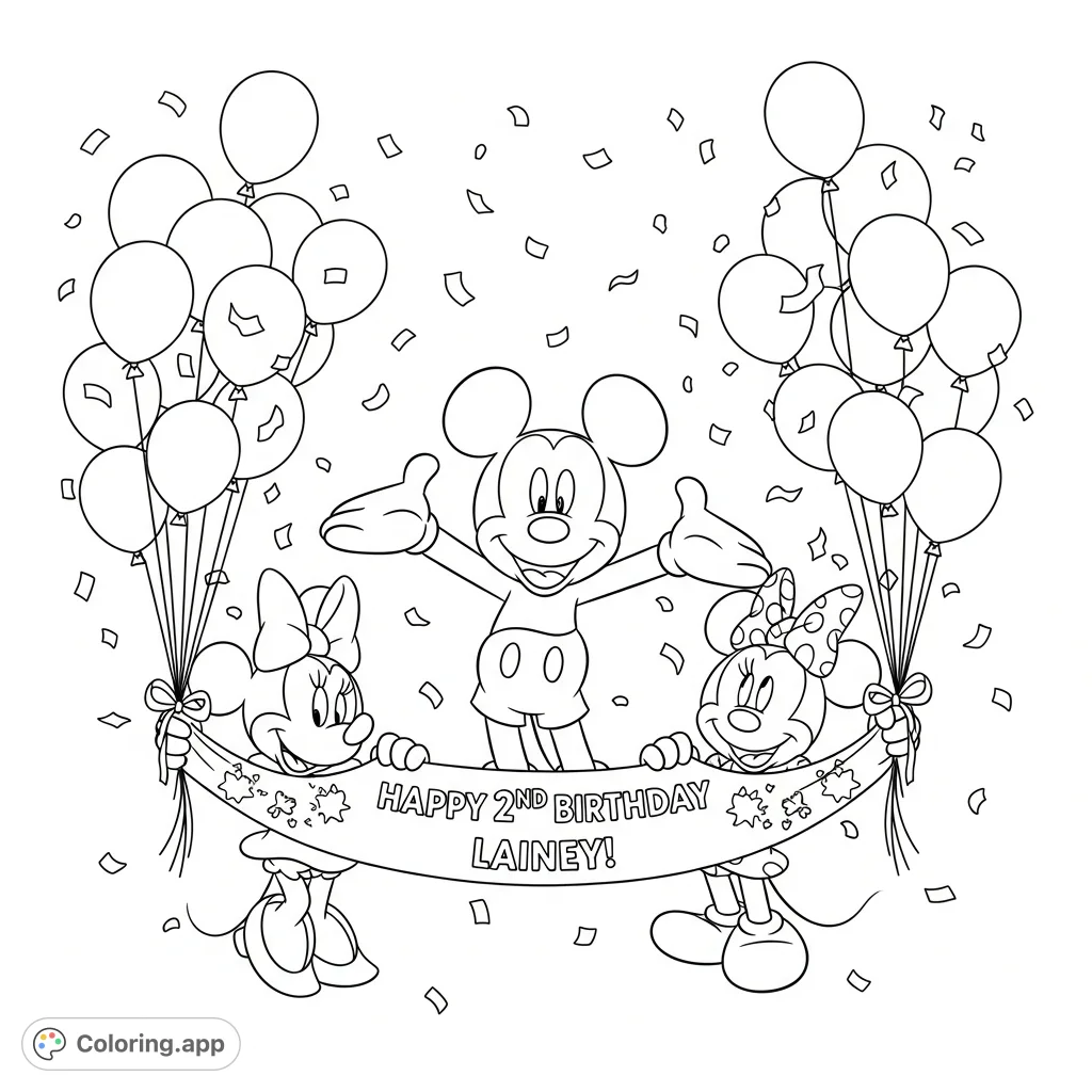 A festive Mickey and Minnie coloring page celebrating Lainey's 2nd birthday! Features classic characters, a personalized banner, balloons, and confetti.