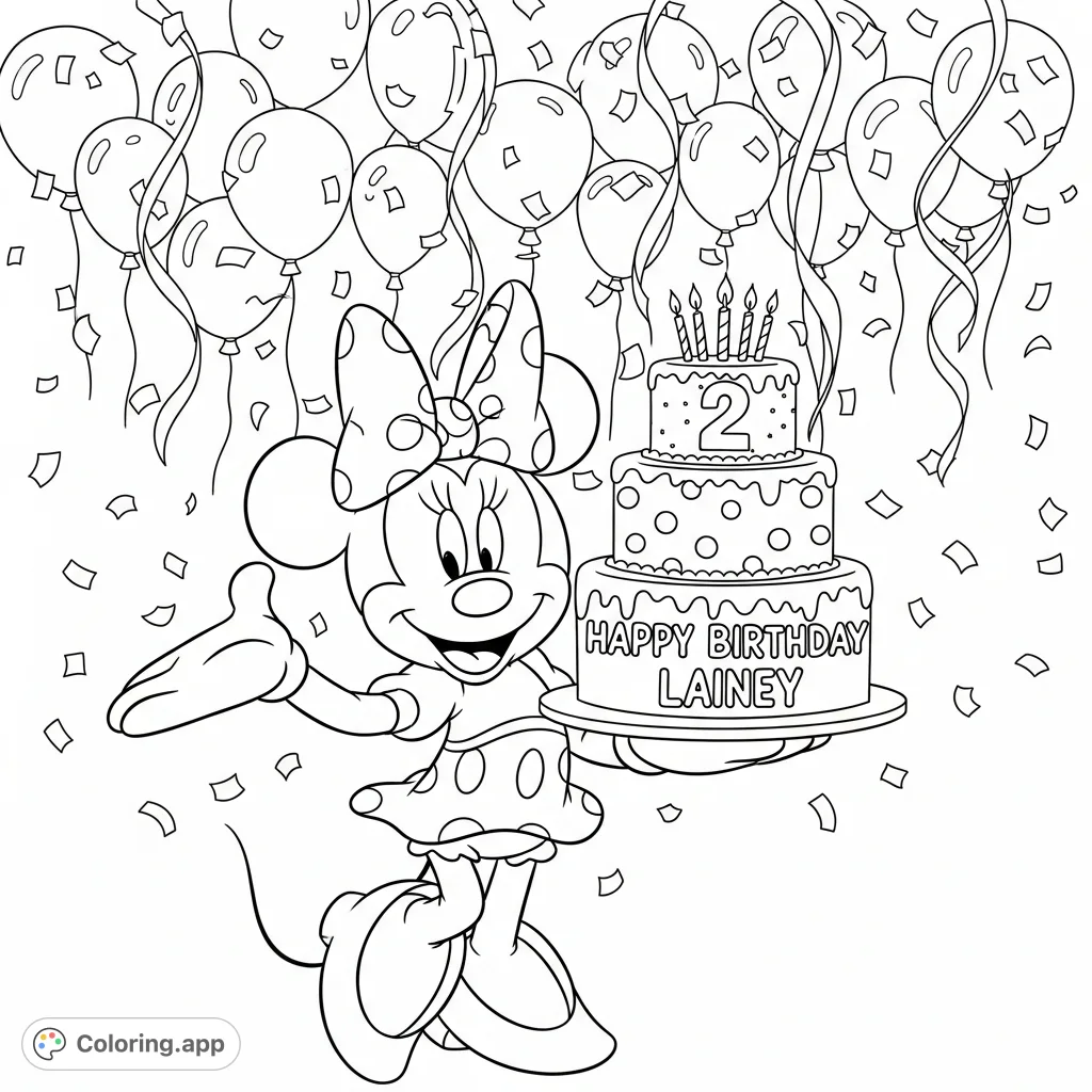 A delightful Minnie Mouse coloring page celebrating Lainey's 2nd birthday with a festive cake, balloons, and streamers. Perfect for little fans!