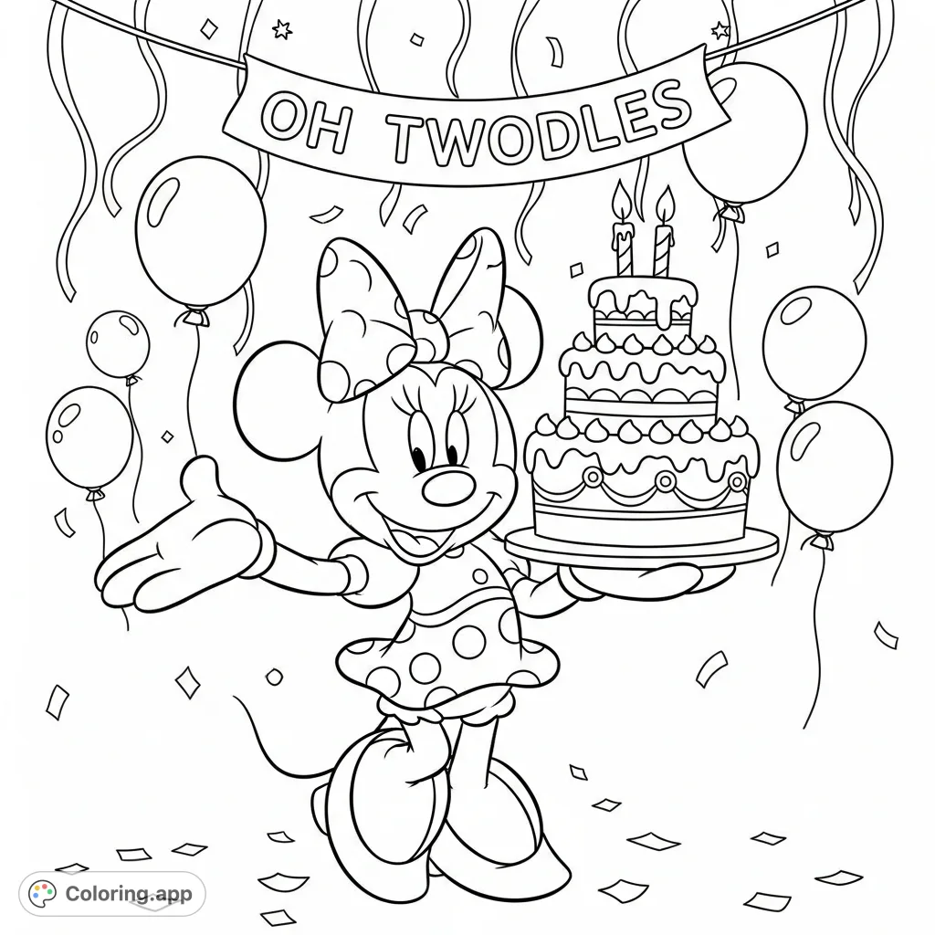 Celebrate Lainey's 2nd birthday with this charming Minnie Mouse coloring page! Featuring Minnie, a festive cake, and an "OH TWODLES" banner.