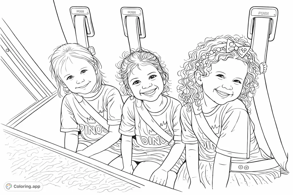 A delightful coloring page featuring three cheerful children smiling and securely seated on a bus, ready for an adventure. Perfect for young artists!
