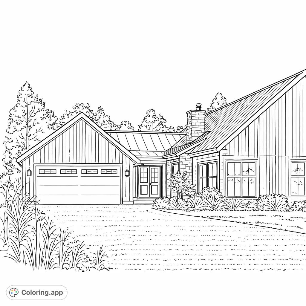 Explore architectural beauty with this modern farmhouse coloring page. Features a sleek house, spacious driveway, and natural landscaping under an open sky.