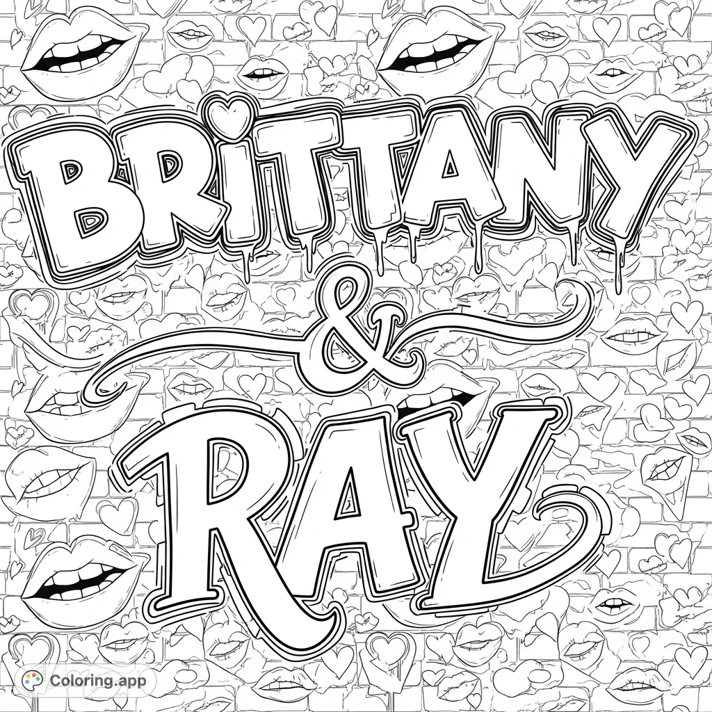 Unleash creativity with this dynamic graffiti lettering coloring page featuring "Eric" and "Bessie" amidst a playful pattern of lips, hearts, and kiss marks.