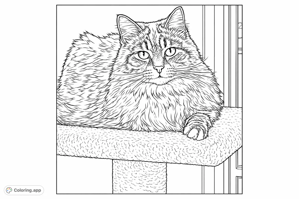 A charming fluffy cat with expressive eyes, relaxed on its textured perch. A delightful scene for cat lovers to bring to life with creative colors.