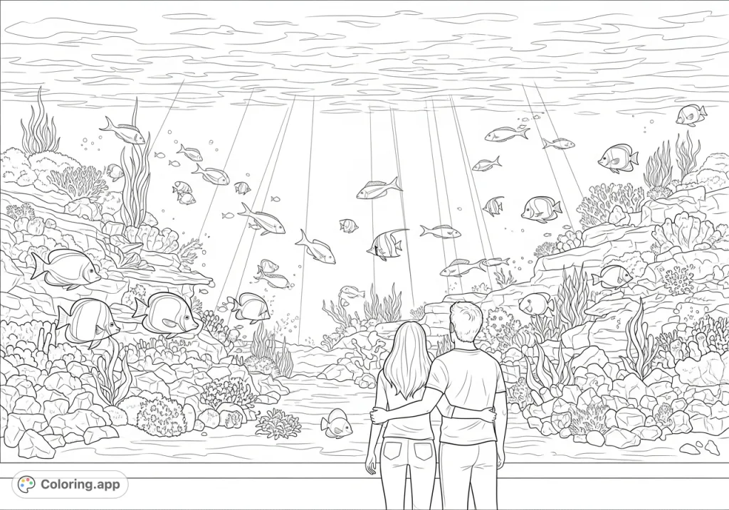 A serene aquarium view featuring a couple admiring diverse marine life, intricate corals, and graceful fish. A detailed underwater world for coloring.