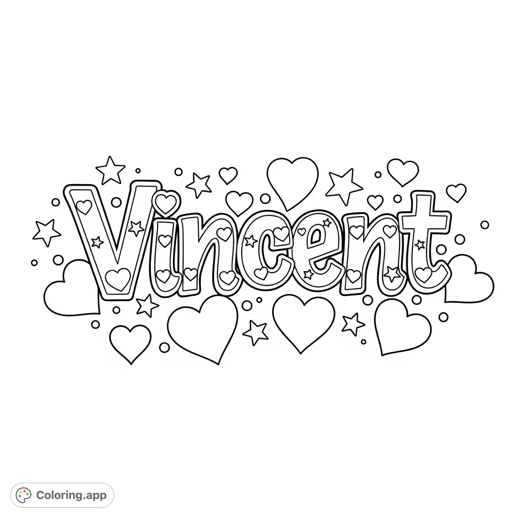 A personalized Vincent coloring page featuring the name adorned with numerous hearts of varying sizes. Perfect for custom gifts or mindful coloring.