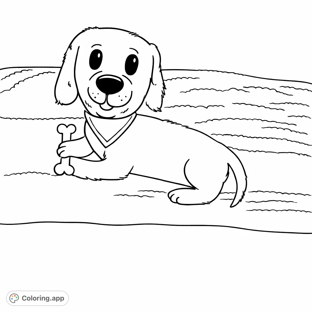 A charming, long-bodied dog with floppy ears holds a bone, resting on a cozy surface. Perfect for young animal lovers to bring to life with their favorite hues.