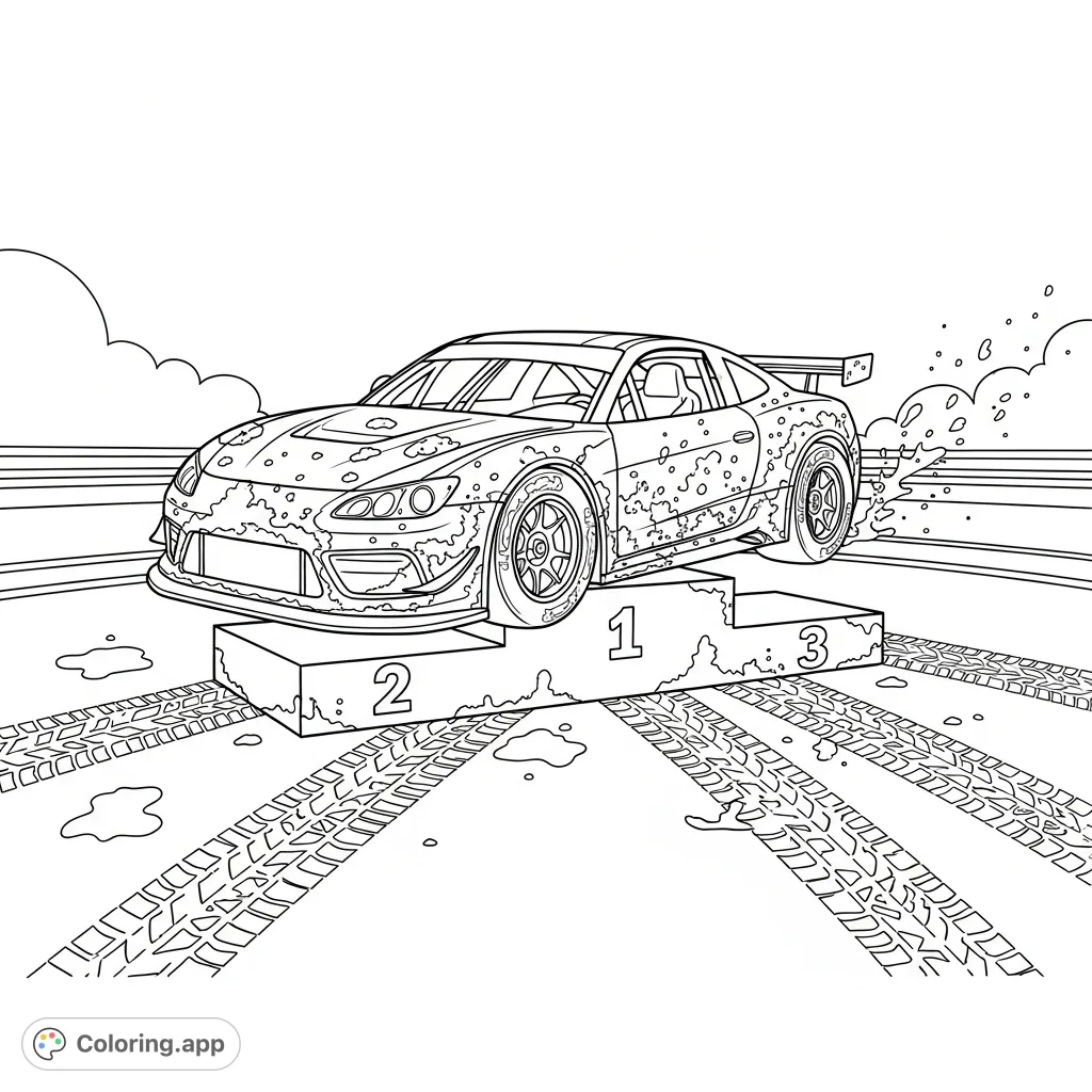 A victorious muddy race car sits atop a winner's podium, surrounded by distinct tire tracks, celebrating a hard-won victory. Perfect for vehicle enthusiasts.