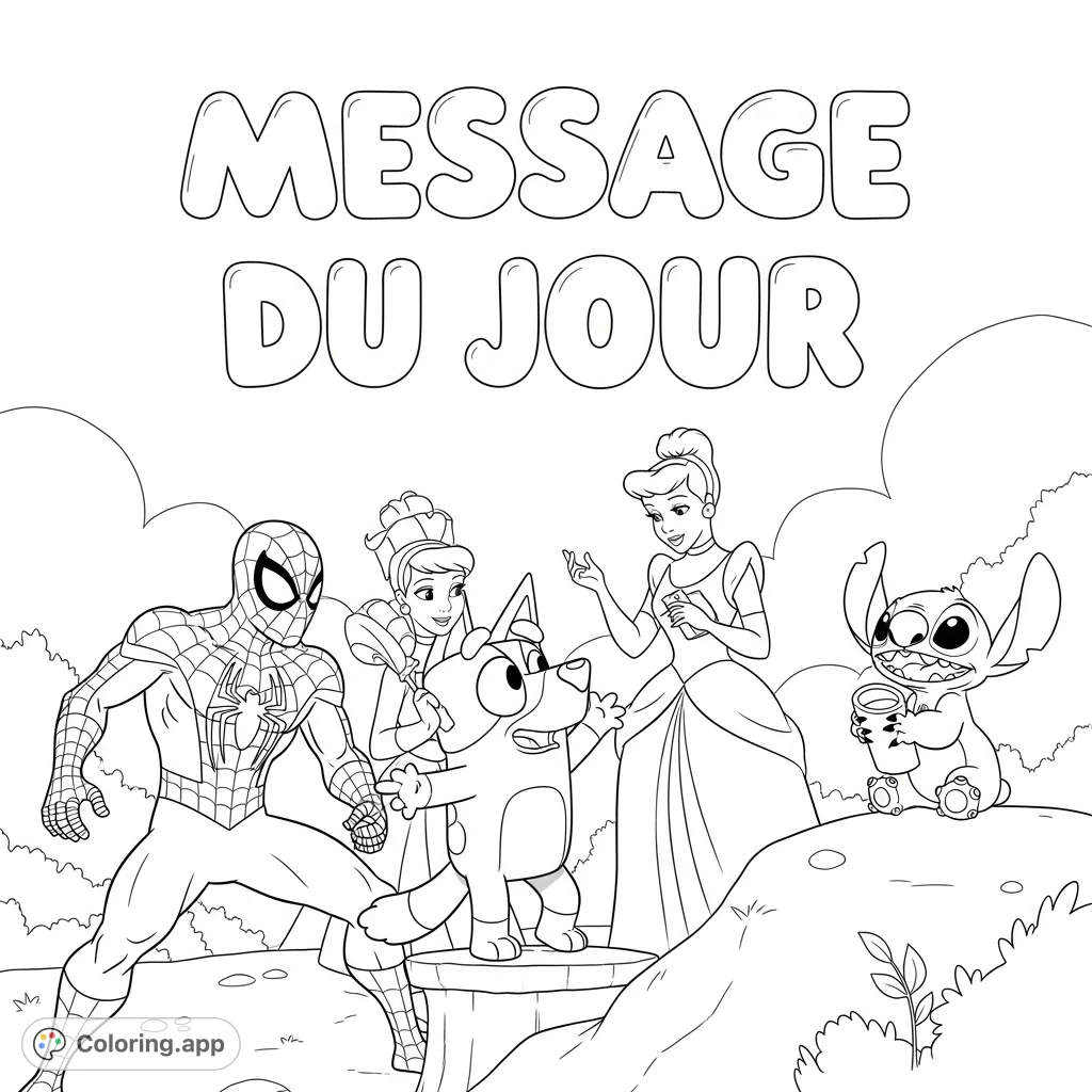 A unique crossover coloring page featuring Bluey, Spider-Man, Cinderella, and Stitch together, with "Message du Jour" in bubble letters. A fun, diverse group for endless creative coloring.