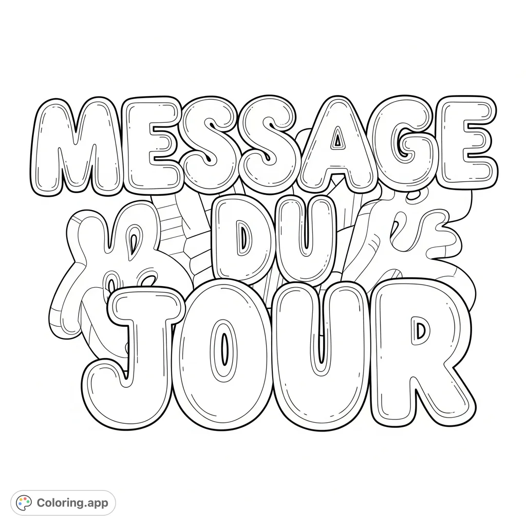 Color a fun "Message du Jour" bubble letters design! This free printable features playful, volumetric characters, perfect for all ages to personalize.