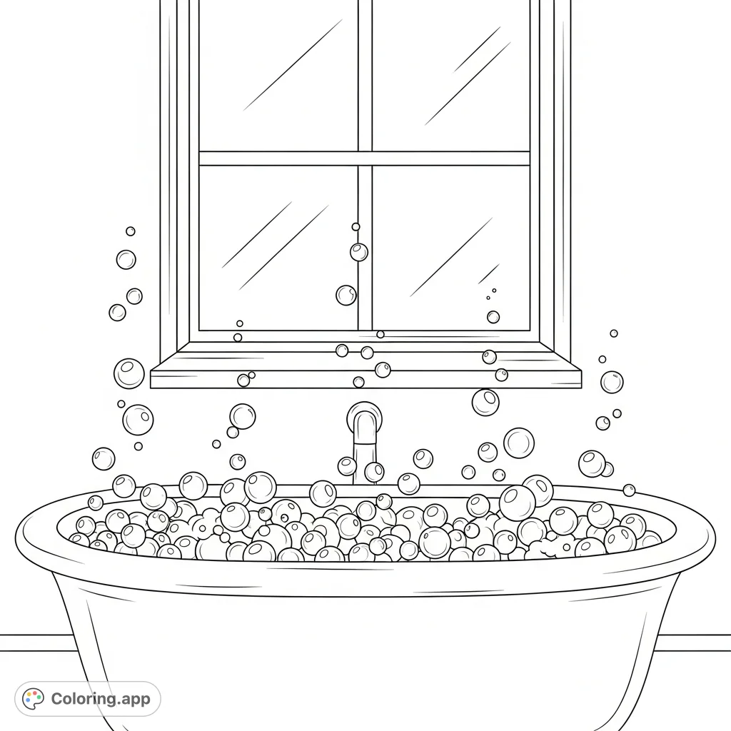 A cozy scene featuring a classic bathtub overflowing with whimsical bubbles, set against a backdrop of a framed window. Perfect for relaxation and creative expression.
