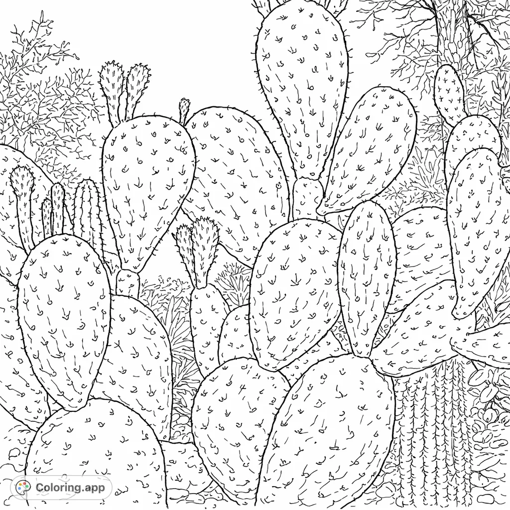 Explore unique desert cactus shapes. This free printable cactus coloring page offers intricate details, perfect for a relaxing escape and all ages.