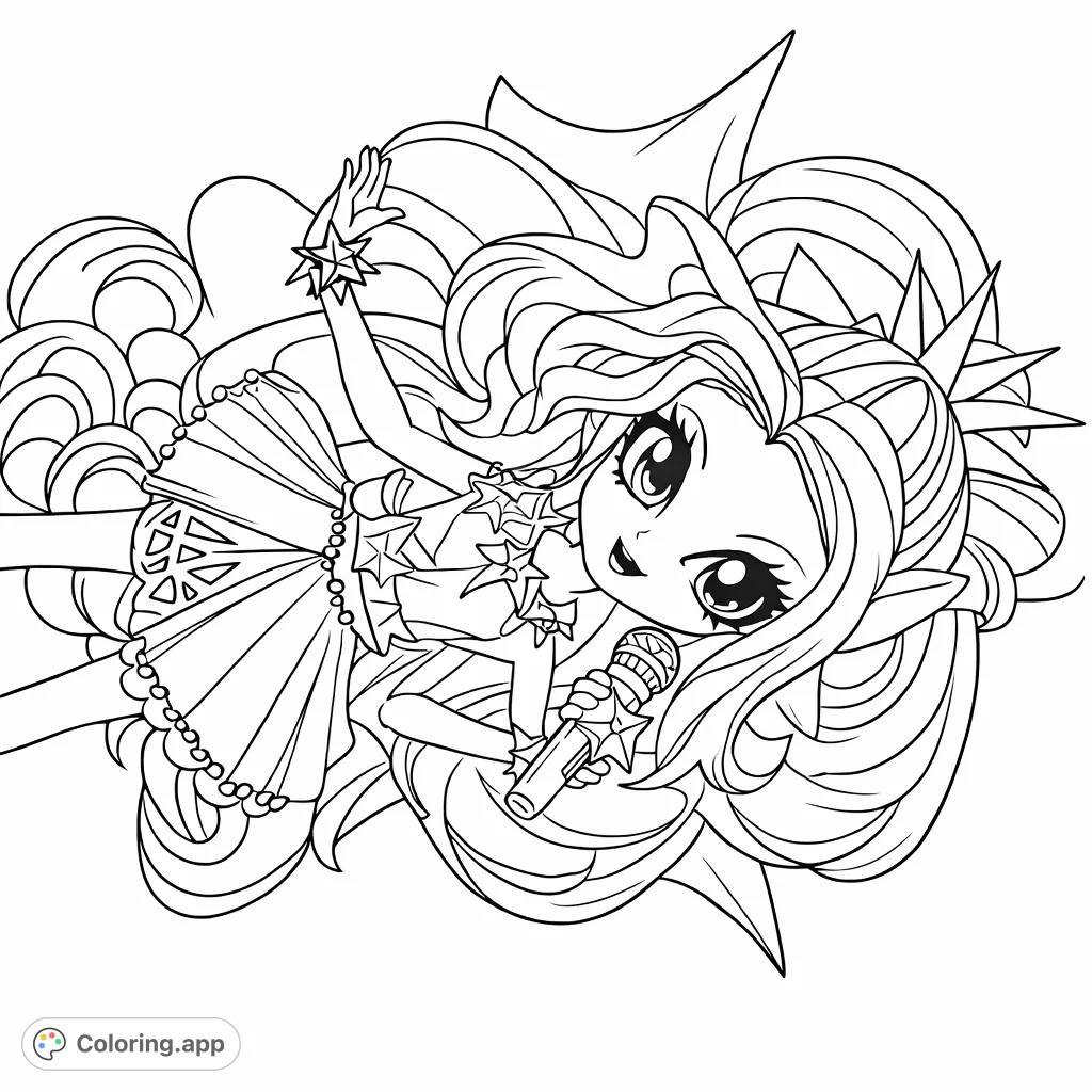 A vibrant pop star character with a microphone, surrounded by a radiant, flowing aura. Perfect for fans of animated entertainment and dynamic designs!