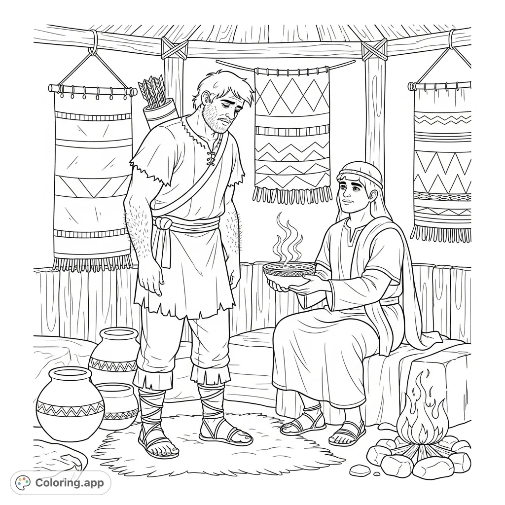 A biblical scene: Esau, weary from hunting, meets Jacob offering a bowl of stew in their rustic dwelling. A detailed religious coloring page.