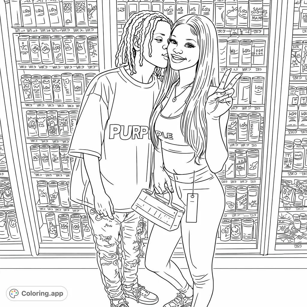 A modern couple posing in front of a store's beverage coolers. Features distinct clothing styles, accessories, and a detailed background of various drinks.